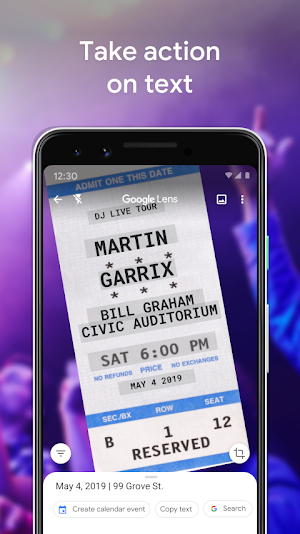 Concert ticket scanned by Lens with the date and address picked out and a Create calendar event button