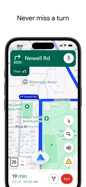 Turn-by-turn navigation with a speed limit and arrival time shown