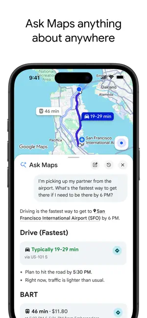 Ask Maps comparing a 19-29 minute drive with a 46-minute train at $11.80
