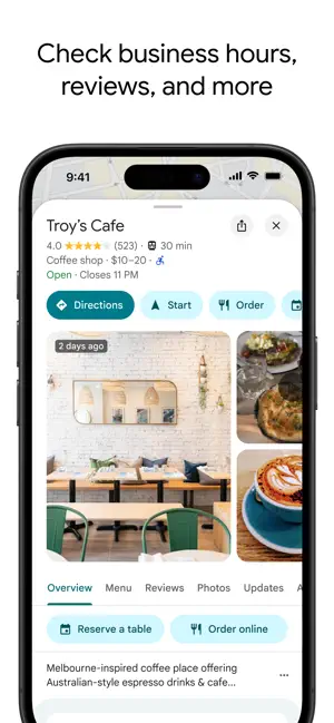 Business page for a cafe with hours, rating and booking buttons