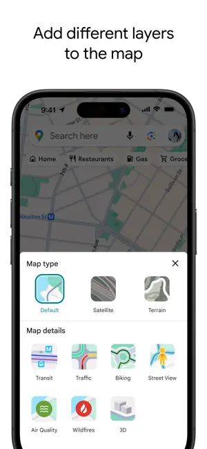 Layer picker offering transit, traffic, air quality and 3D views