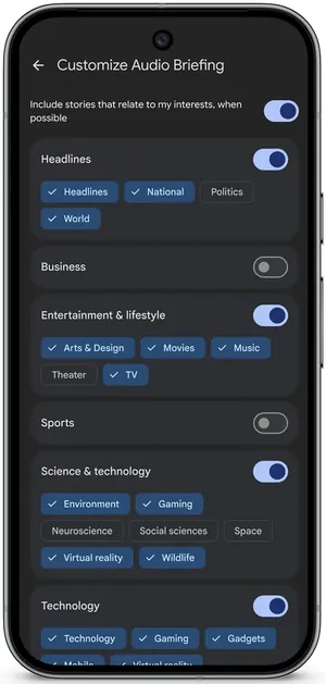 Customize Audio Briefing screen with Headlines, Entertainment & lifestyle and Science & technology switched on, Business and Sports off, and topic chips like Politics, Movies and Gaming