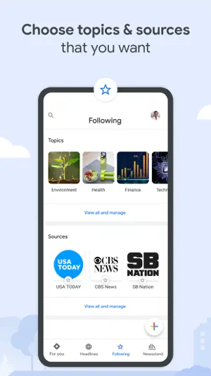 Following tab with Environment, Health and Finance topics and USA Today, CBS News and SB Nation sources, each row with View all and manage