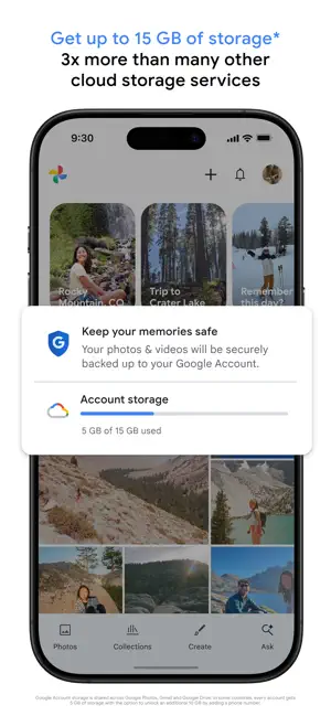 Photo library with a storage card showing 5 GB of 15 GB used