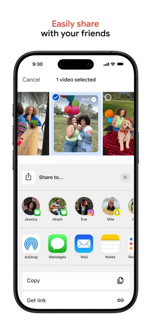 Share sheet with one video selected above contact and app suggestions