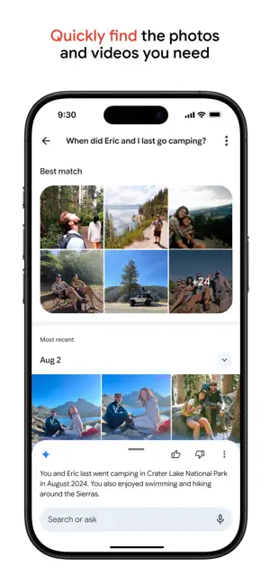 Search answering when two people last went camping, with matching photos