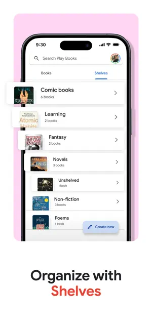 Shelves tab listing custom shelves such as Comic books with 6 books, Learning, Fantasy, Novels, Unshelved and Poems, plus a Create new button
