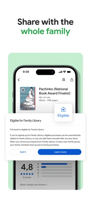 Pachinko ebook page, 496 pages, with an Eligible for Family Library pop-up explaining automatic sharing and a 4.8 rating from 19 ratings
