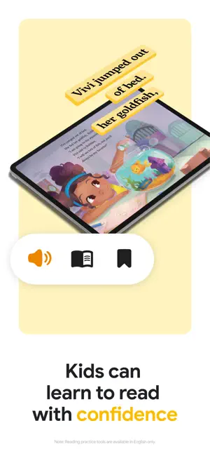 Kids reading practice on a tablet picture book, with the line Vivi jumped out of bed, her goldfish enlarged above speaker, book and bookmark buttons