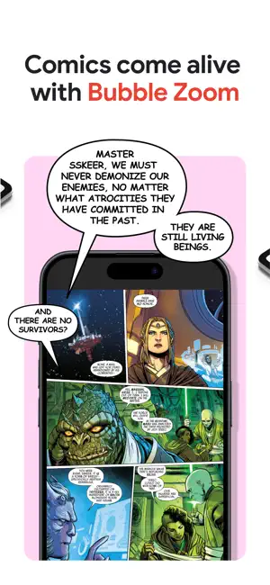 Bubble Zoom on a science-fiction comic page, with speech bubbles enlarged above the panels for easier reading