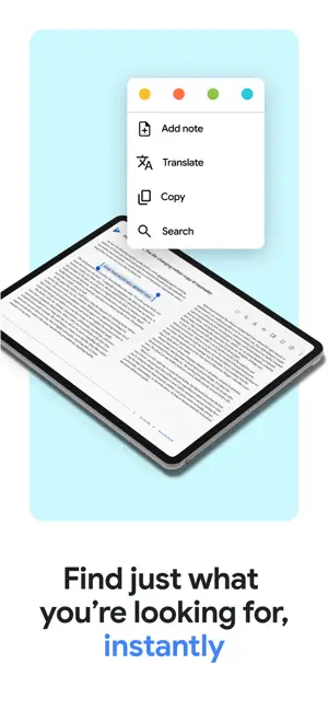 Text selected in a two-page tablet ebook, with four highlight colors and Add note, Translate, Copy and Search options