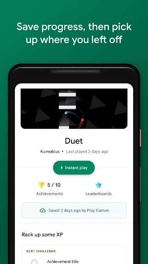 Duet game page in Play Games showing 5 of 10 achievements, a Leaderboards link and a cloud save from two days ago