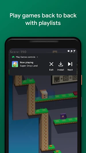 Play Games controls bar over Super Drop Land with Exit, Install and Next buttons for a game playlist
