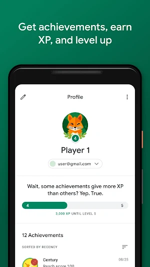 Play Games profile for Player 1 at level 4, 3,000 XP short of level 5, with 12 achievements sorted by recency