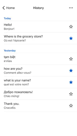 Translation history list with starred phrases in several languages