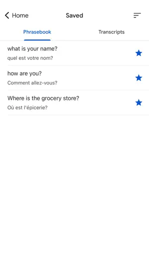Saved phrasebook of common questions with their translations