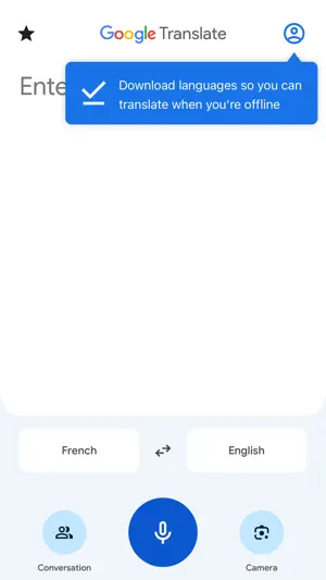 Home screen with a language pair, microphone and camera buttons