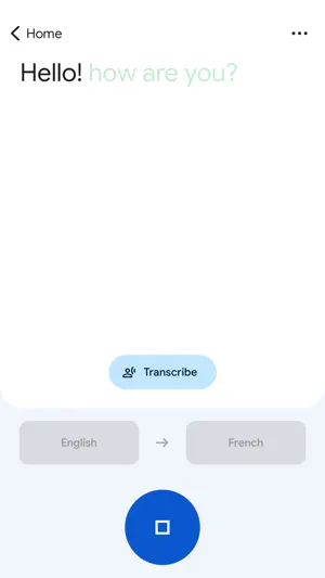 Transcribe mode streaming a live translation from English to French