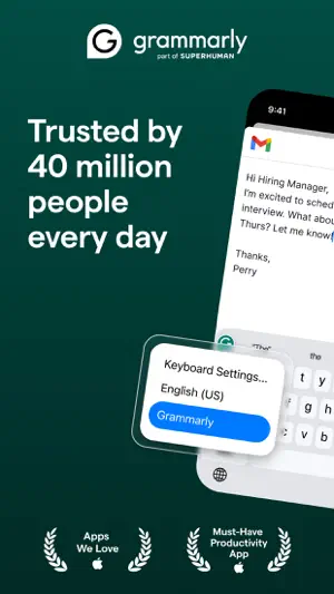 Dark-green promo screen reading Trusted by 40 million people every day, with a Gmail draft and an iOS keyboard menu with Grammarly selected