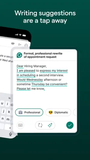 Rewrite card titled Formal, professional rewrite of appointment request, with underlined text and Professional and Diplomatic tone chips