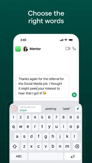 WhatsApp chat with Mentor where the word peek is flagged and the keyboard bar offers pique, peeking and peek