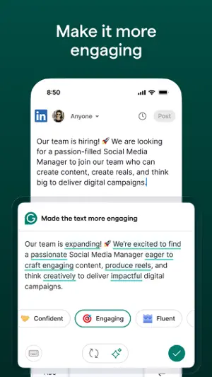 LinkedIn hiring post rewritten under Make the text more engaging, with Confident, Engaging and Fluent chips