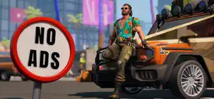 A character leaning on a black jeep beside a No Ads road sign