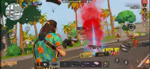 A firefight on a sunlit avenue with a red smoke flare rising