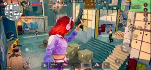A red-haired character aiming a rifle from a rooftop over the city