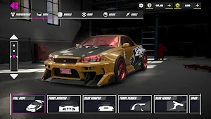 Garage editor with a gold Supria MK4 and full-body kit options along the bottom