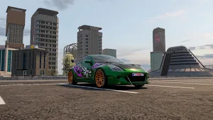 Green-and-purple wrapped Nazda NX-5 parked in a sunlit city square