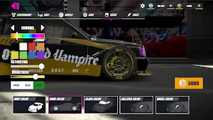 Paint booth with a colour wheel over a gold coupe wearing a street-brand wrap, priced 5,000 coins