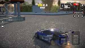 Blue coupe drifting on a wet track at sunset with a 1.5x drift multiplier