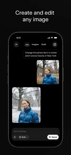 Create and edit any image: a chat turning a photo of a woman into a snowy New York scene