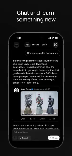 Chat and learn something new: Grok explaining how the Starship engine works, with a photo