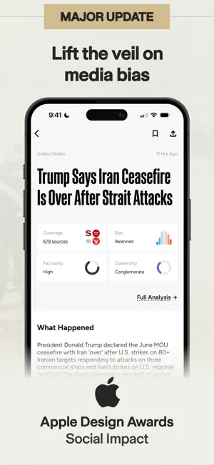 Story page for a ceasefire headline with Coverage, Bias, Factuality and Ownership tiles reading 679 sources, Balanced, High and Conglomerate