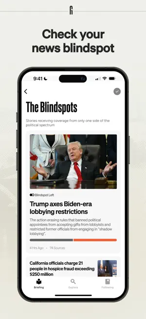 The Blindspots feed of stories covered mainly by one side, led by a Blindspot Left story with a bias bar and 74 sources