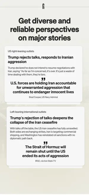 Side-by-side summaries and pull quotes from outlet groups the app labels US right-leaning and left-leaning international