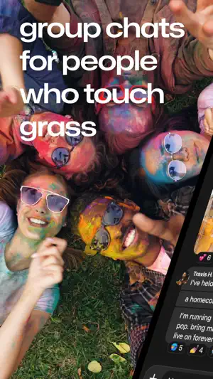 Brand card promoting group chats over a photo of a crowd