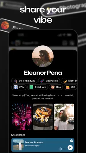 Profile with interest tags and a chosen anthem track