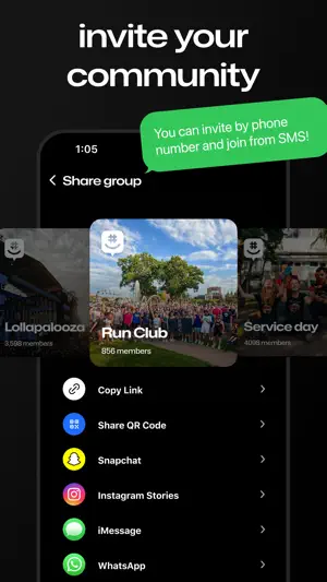 Share sheet offering a link, QR code and SMS invitation