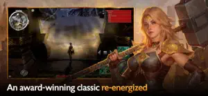 A warrior heroine beside a screenshot of a lantern-lit Ascalon street, captioned an award-winning classic re-energized