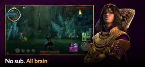 A Factions-era character beside a cave battle screenshot with the touch skill bar, captioned no sub, all brain