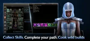 A hooded elementalist beside the skill and build panel, captioned collect skills, complete your path, cook wild builds