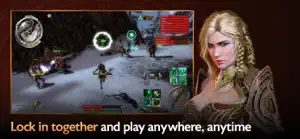 A blonde ranger beside a snowfield party fight with a targeting reticle, captioned lock in together and play anywhere