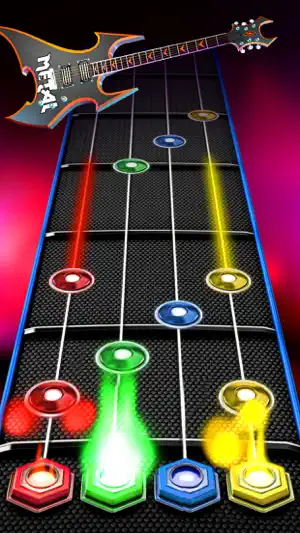 Four-lane fretboard with red, green, blue and yellow note gems sliding toward hexagonal buttons, under a black guitar with a Metal logo