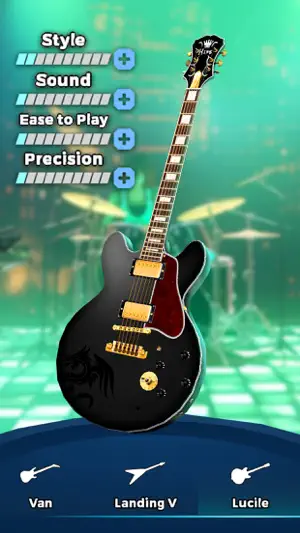Guitar upgrade screen: a black semi-hollow guitar with Style, Sound, Ease to Play and Precision bars, and tabs for Van, Landing V and Lucile