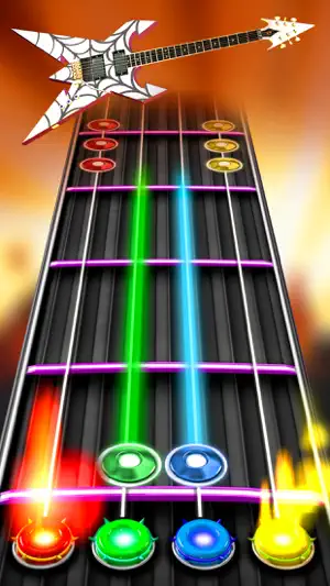 Hold notes stretch as glowing green and blue trails down the fretboard beneath a white spiderweb-painted flying-V guitar