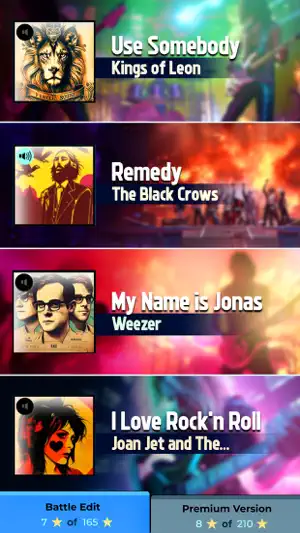 Song list with Use Somebody by Kings of Leon, Remedy by The Black Crowes, My Name Is Jonas by Weezer and I Love Rock 'n Roll, above Battle Edit and Premium Version tabs