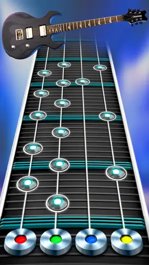 Chrome note gems spread across four lanes toward red, green, blue and yellow buttons, below a grey solid-body guitar